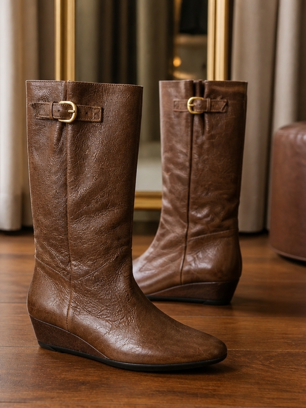 Steven By Steve Madden Brown Mid-Calf Wedge Boots with Buckle